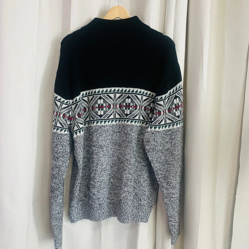 Chaps Mens Sweater XL Black Gray Fair Isle Geometric Mock Neck Button NWT Cotton